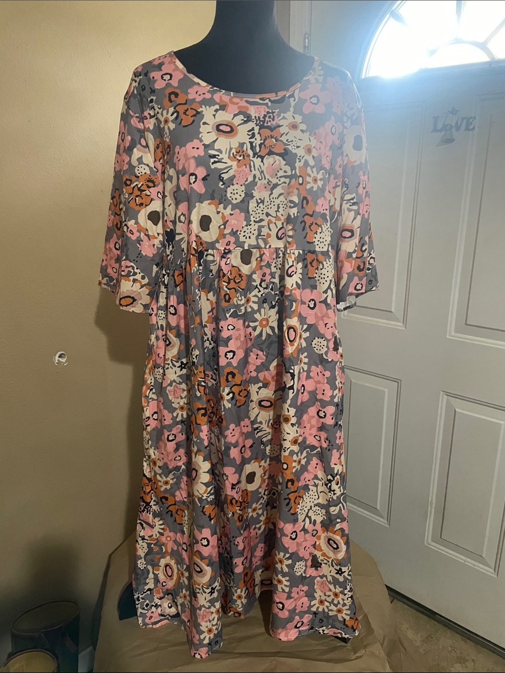 Floral Swing Dress in Pink and Gray - Comfortable Everyday Dress